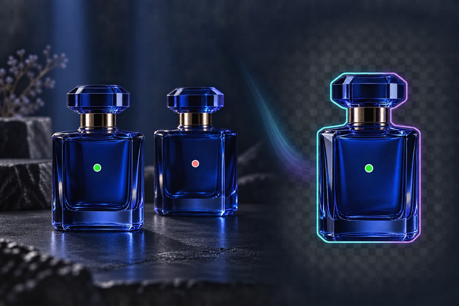 Illustration of selecting one blue perfume bottle from two similar bottles and placing it on a transparency grid