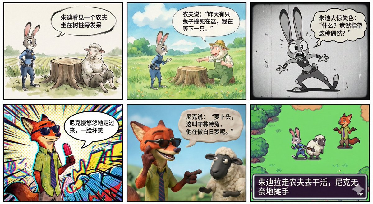 Bande dessinée en 6 cases aux styles variés